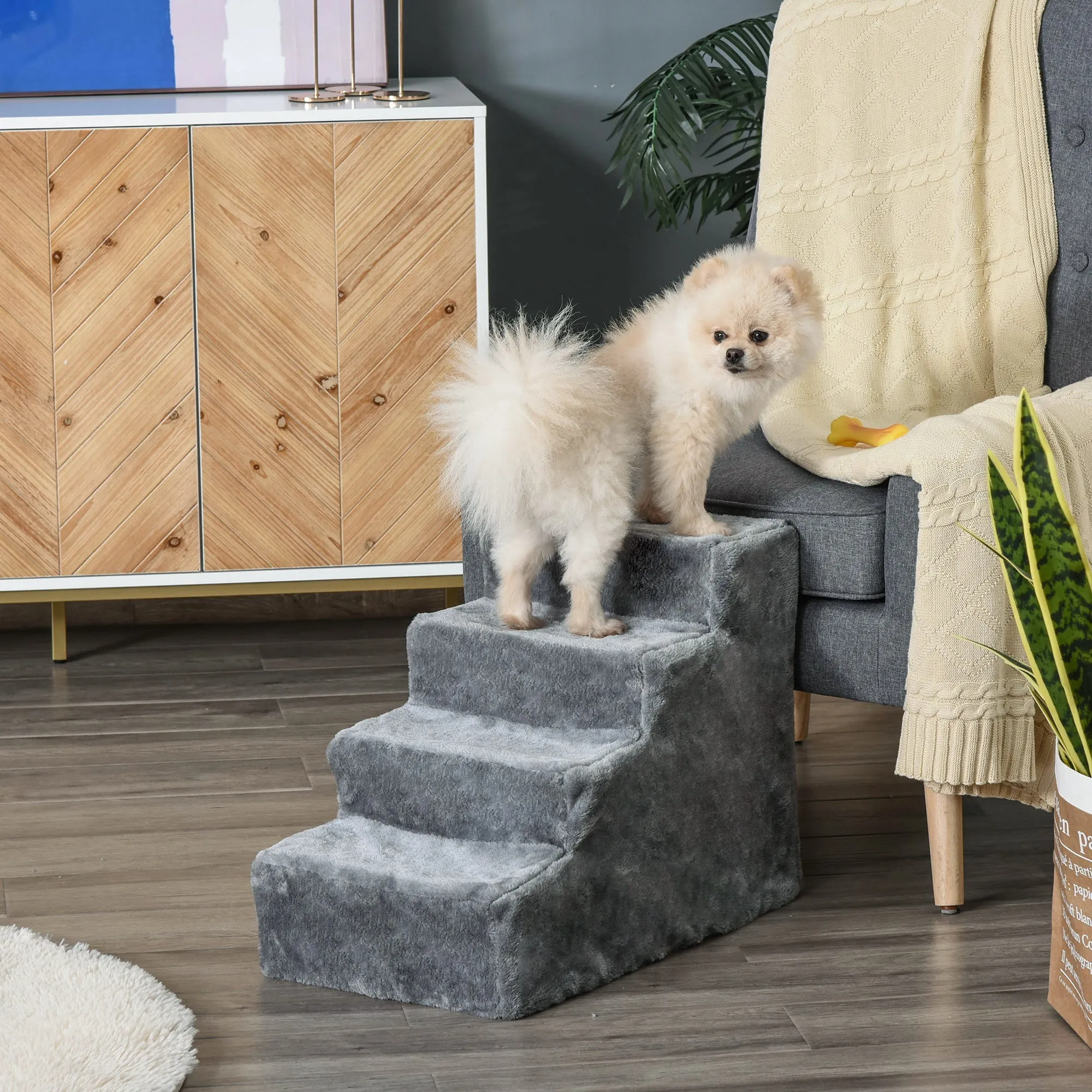 Dog Steps 4-Steps Design with Washable Plush Cover for High Bed Sofa Dog Stairs for Small Dog and Cat