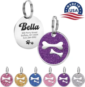 Dog Tags Personalized for Pets,Dog Name Tags Personalized, Custom Dog ID Tag and Cat Tag with 4 Lines of Custom Text, Deep Engraved, Glitter Paw Design (Purple)