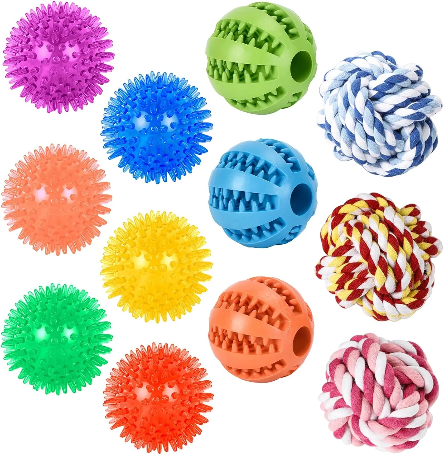 Dog Toy Balls for Small Dogs, 12 Pack Interactive Dog Toys for Small Breed 0-15 lbs, Includes Rubber, Squeak & Rope Balls