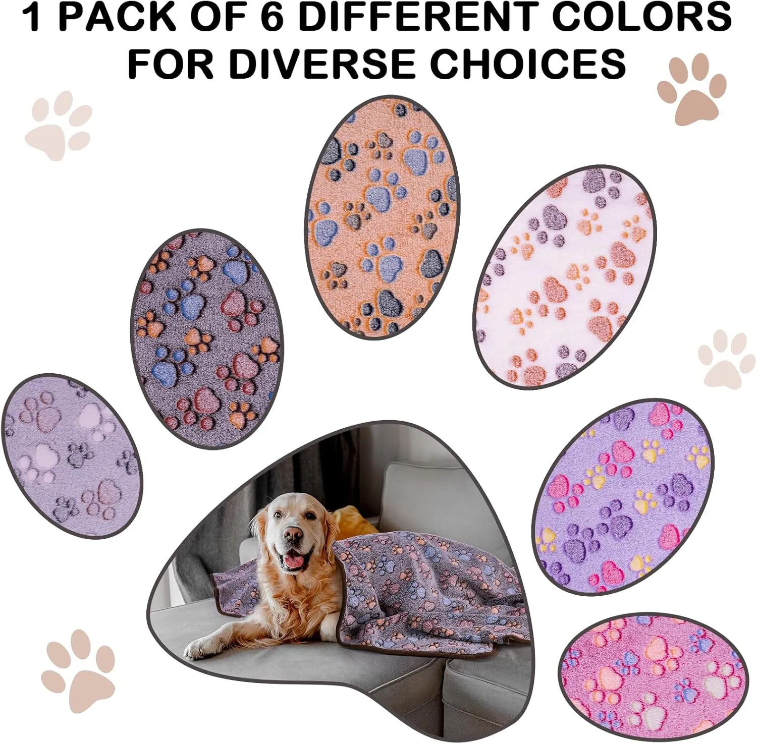 Dono 1 Pack 6 Dog Blankets, Soft Fluffy Fleece Pet Blanket Warm Sleep Mat Paw Print Design Puppy Kitten Throw Blankets Doggy Blanket for Dogs