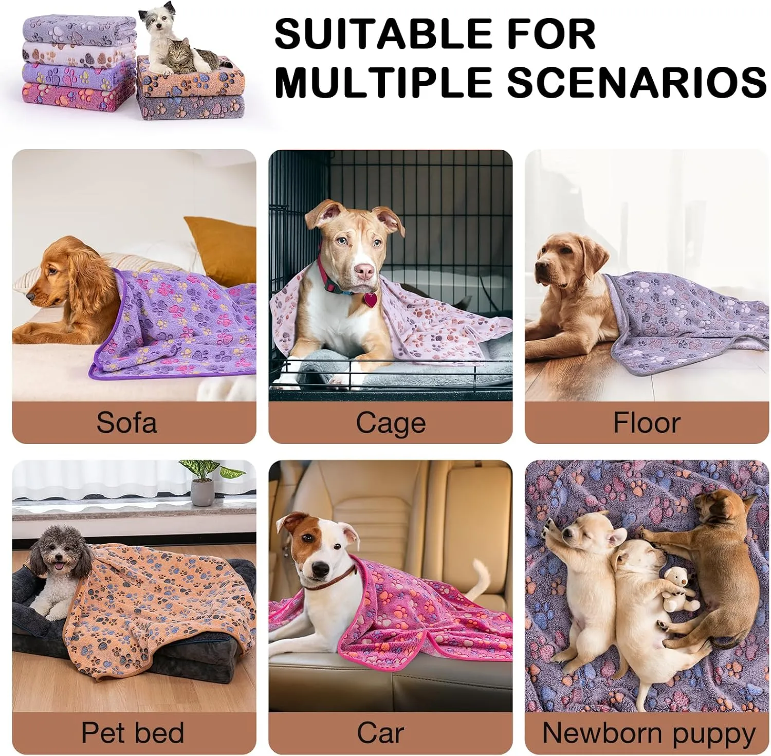 Dono 1 Pack 6 Dog Blankets, Soft Fluffy Fleece Pet Blanket Warm Sleep Mat Paw Print Design Puppy Kitten Throw Blankets Doggy Blanket for Dogs