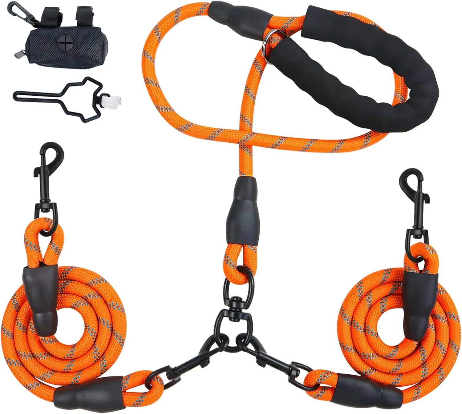 Double Dog Leash for Two Dogs, Heavy Duty Reflective Double Leashes for 2 Dogs, 360 Swivel Dual Dog Leash Tangle Free Large Dogs & Medium Dogs, with 2Pcs Dog Poop Bag Holder, Orange