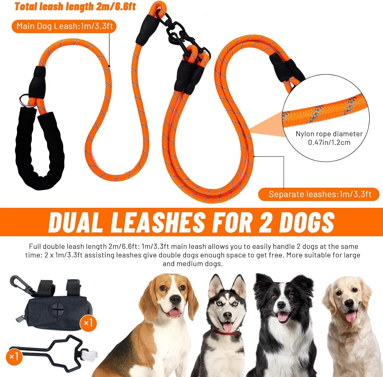 Double Dog Leash for Two Dogs, Heavy Duty Reflective Double Leashes for 2 Dogs, 360 Swivel Dual Dog Leash Tangle Free Large Dogs & Medium Dogs, with 2Pcs Dog Poop Bag Holder, Orange
