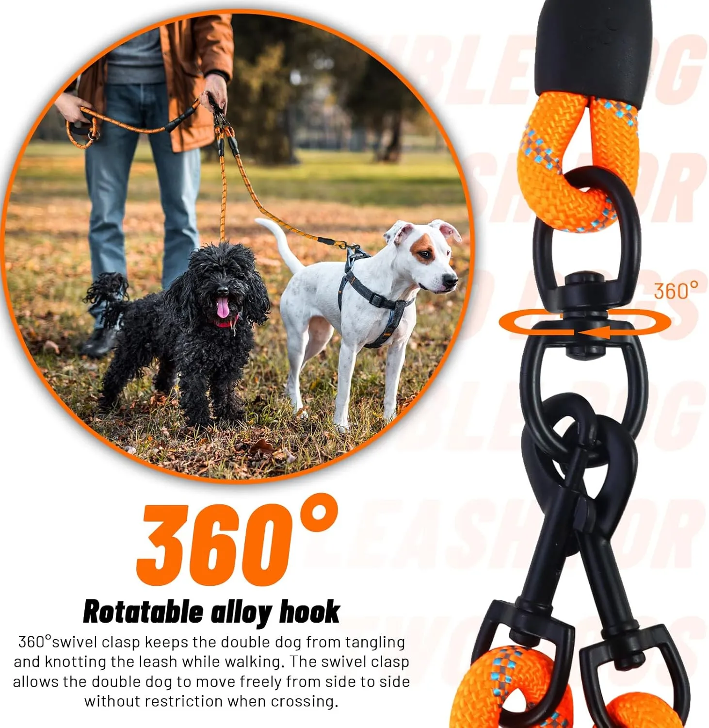 Double Dog Leash for Two Dogs, Heavy Duty Reflective Double Leashes for 2 Dogs, 360 Swivel Dual Dog Leash Tangle Free Large Dogs & Medium Dogs, with 2Pcs Dog Poop Bag Holder, Orange