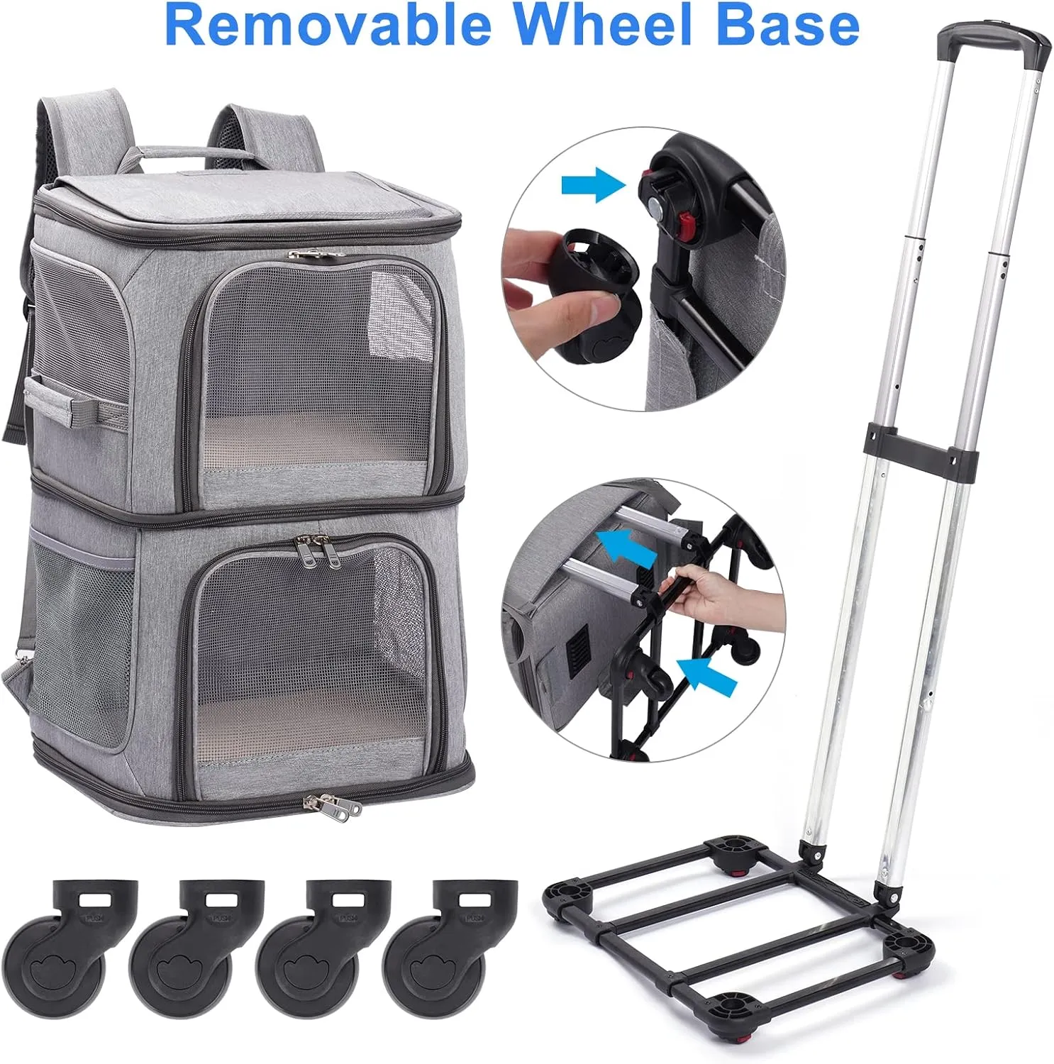 Double Pet Carrier Backpack with Wheels for Small Cats and Dogs, Rolling Cat Travel Carrier, Super Ventilated Design, Ideal for Traveling/Hiking/Camping, Grey