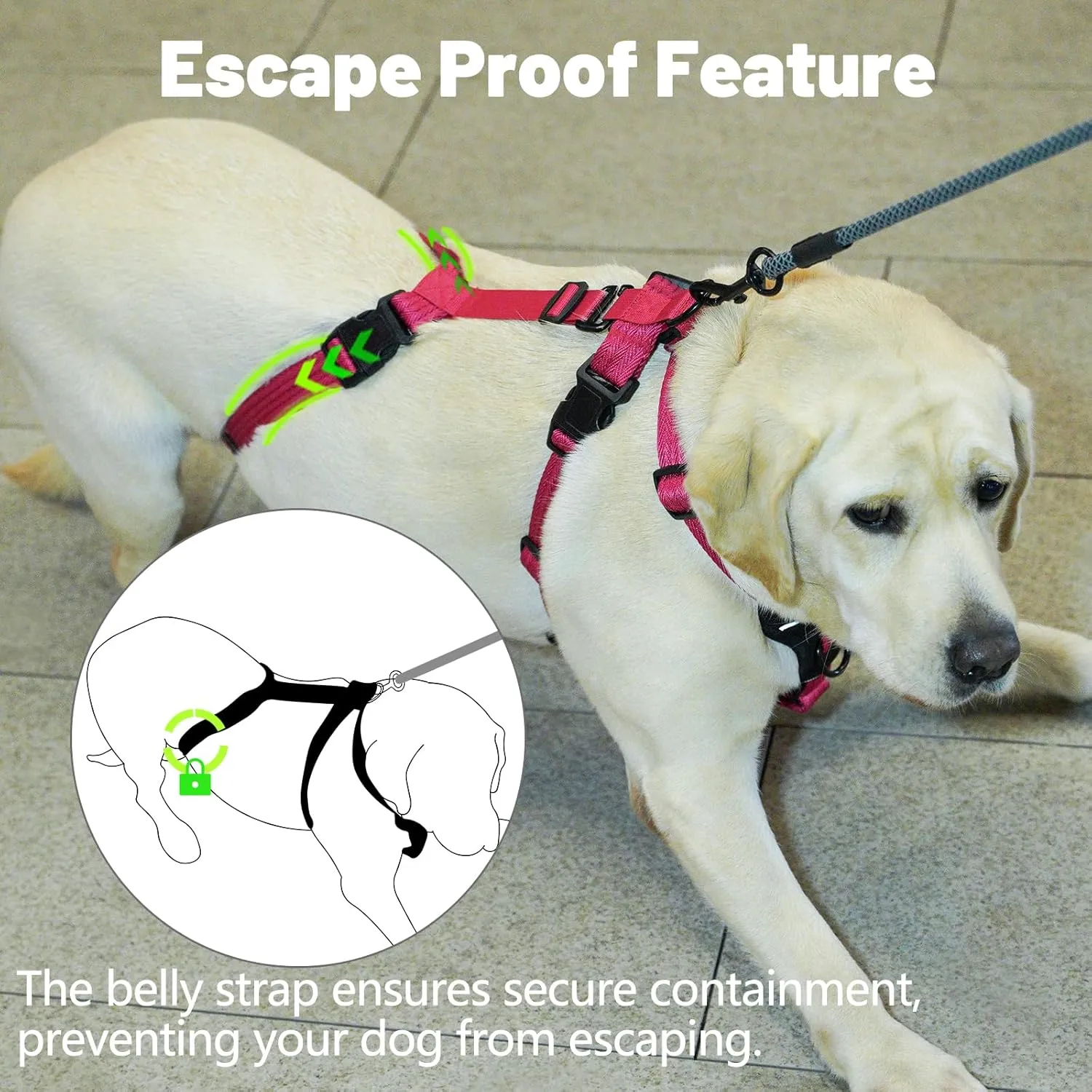 Escape Proof Dog Harness Medium Sized Dog, No Pull Front Clip Dog Harness, Adjustable, Durable, Breathable Pet Vest, No-Choke Harness for Large Dogs Outdoor Walking Training (Rose Red, M)