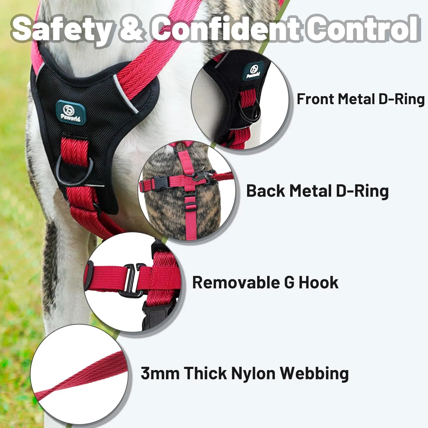 Escape Proof Dog Harness Medium Sized Dog, No Pull Front Clip Dog Harness, Adjustable, Durable, Breathable Pet Vest, No-Choke Harness for Large Dogs Outdoor Walking Training (Rose Red, M)