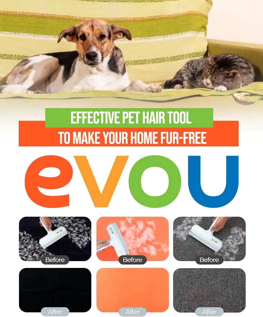 Evou Pet Hair Remover (Cat and Dog), Reusable Lint Roller for Furniture, Couch, Carpet, Car, Clothing and Bedding, Portable, Multi-Surface Fur Removal Tool (Pink)