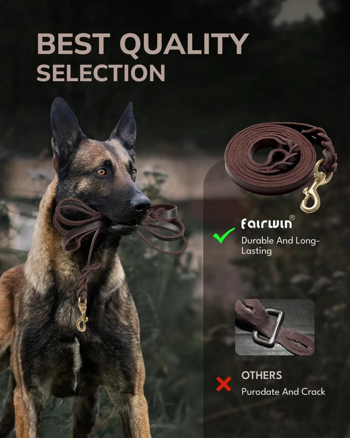 FAIRWIN Braided Leather Dog Training Leash 6 Foot - Military Grade Heavy Duty Dog Leash for Large Medium Small Dogs (Brown, M:5/8" x 6ft)