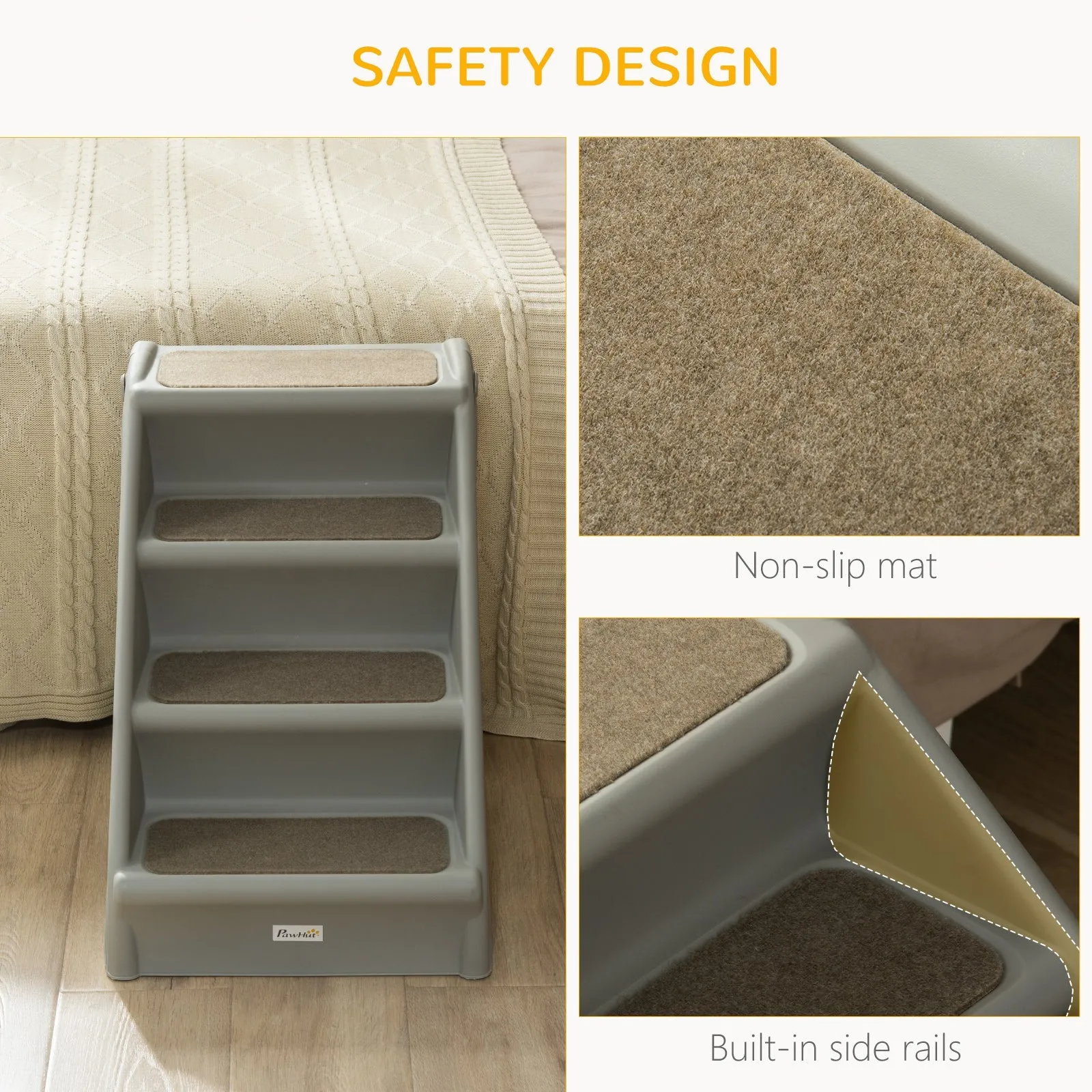 Foldable Pet Stairs 4-Step for Cats Small Dogs with Non-slip Mats 62 x 38 x 49.5 cm Grey