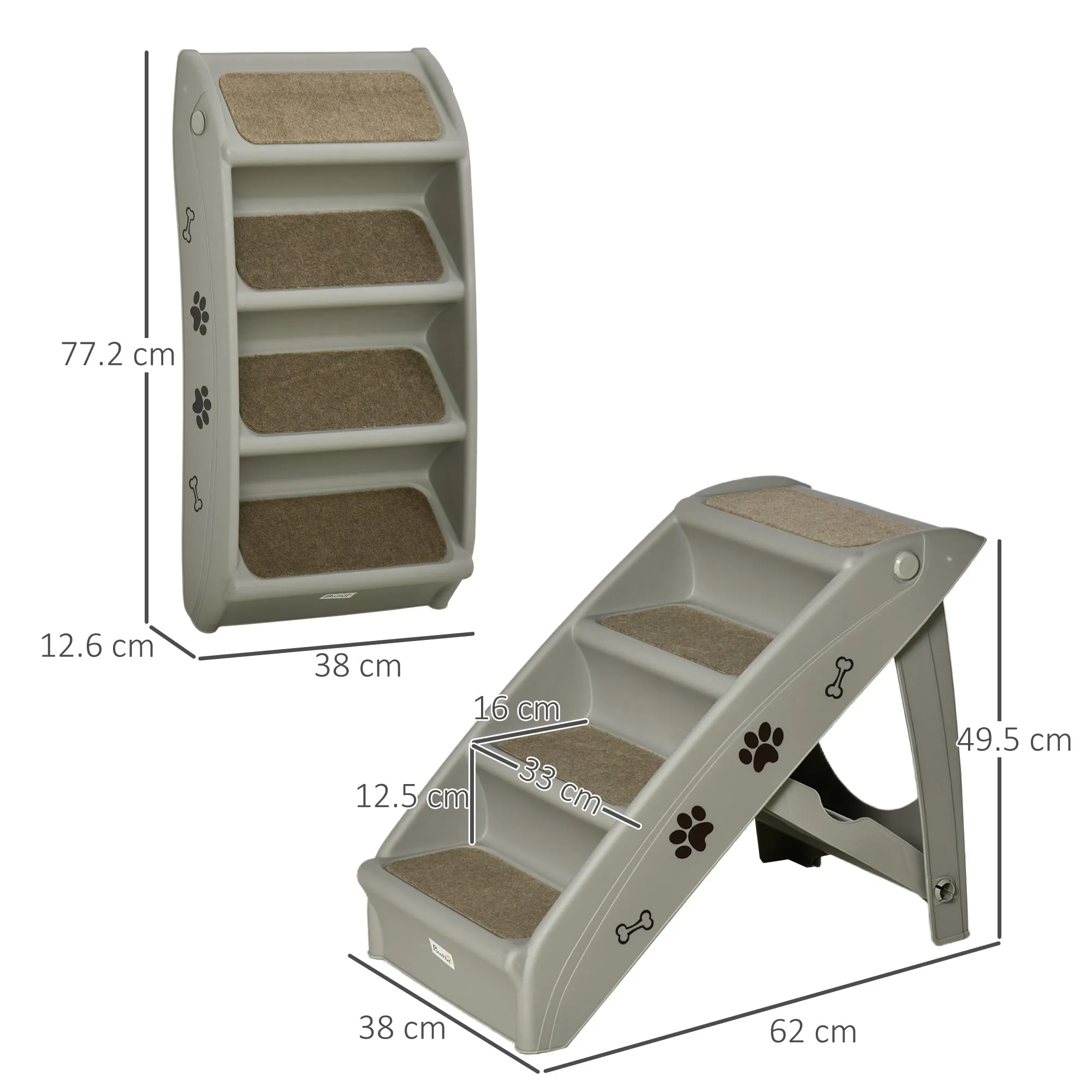 Foldable Pet Stairs 4-Step for Cats Small Dogs with Non-slip Mats 62 x 38 x 49.5 cm Grey