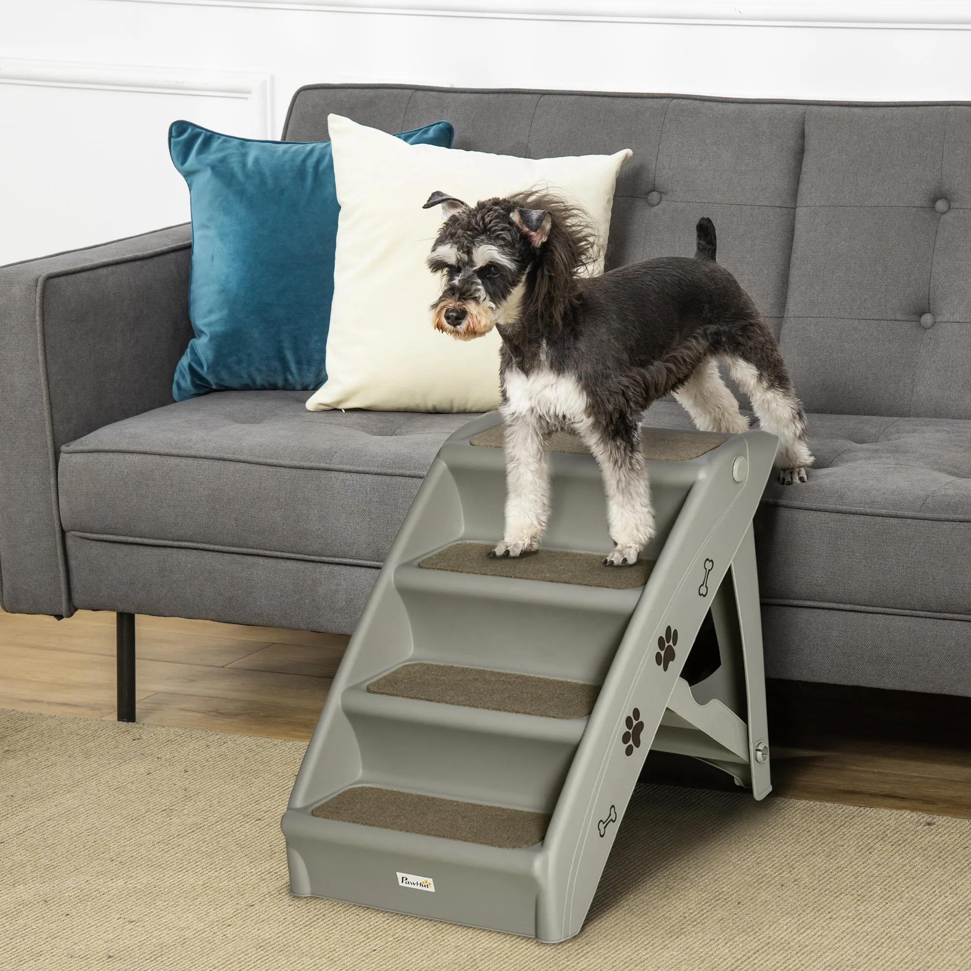 Foldable Pet Stairs 4-Step for Cats Small Dogs with Non-slip Mats 62 x 38 x 49.5 cm Grey