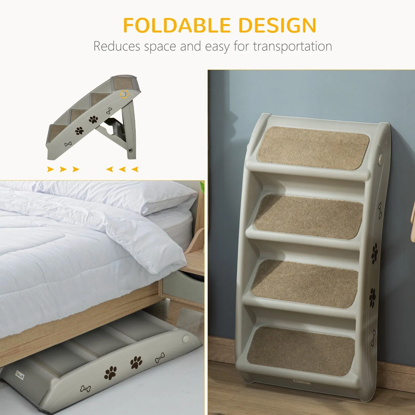 Foldable Pet Stairs 4-Step for Cats Small Dogs with Non-slip Mats 62 x 38 x 49.5 cm Grey