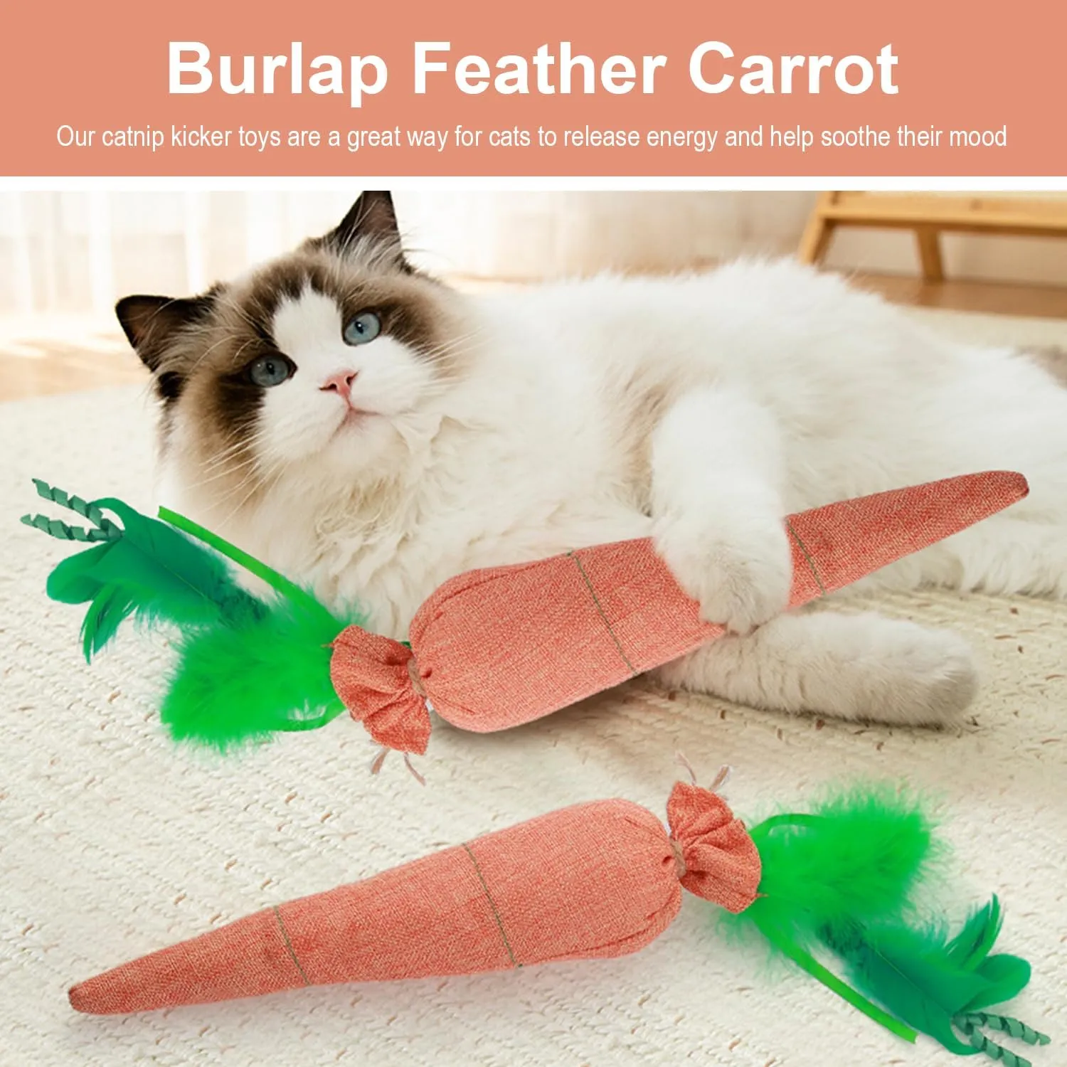 Fun Carrot Catnip Toys for Indoor Cats to Keep Them Busy, Orange Carrot Crinkle Kicker Catnip Cat Toy, Soft Linen, Catmint Toys for Cats All Breeds (1 PCS)
