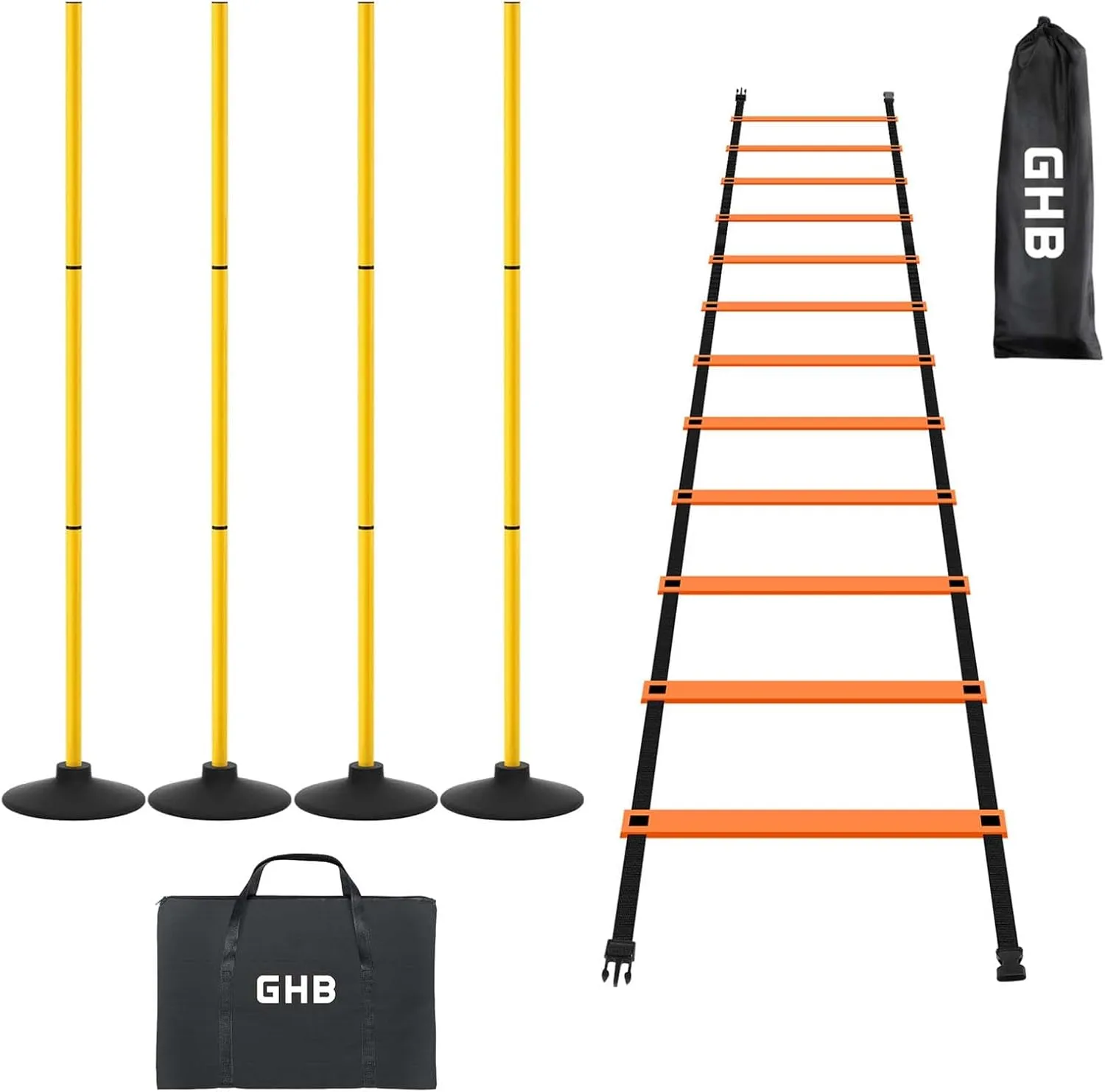 GHB Agility Ladder 1 Pack and Pack of 4 Agility Poles Set with 2 Carrying Bag