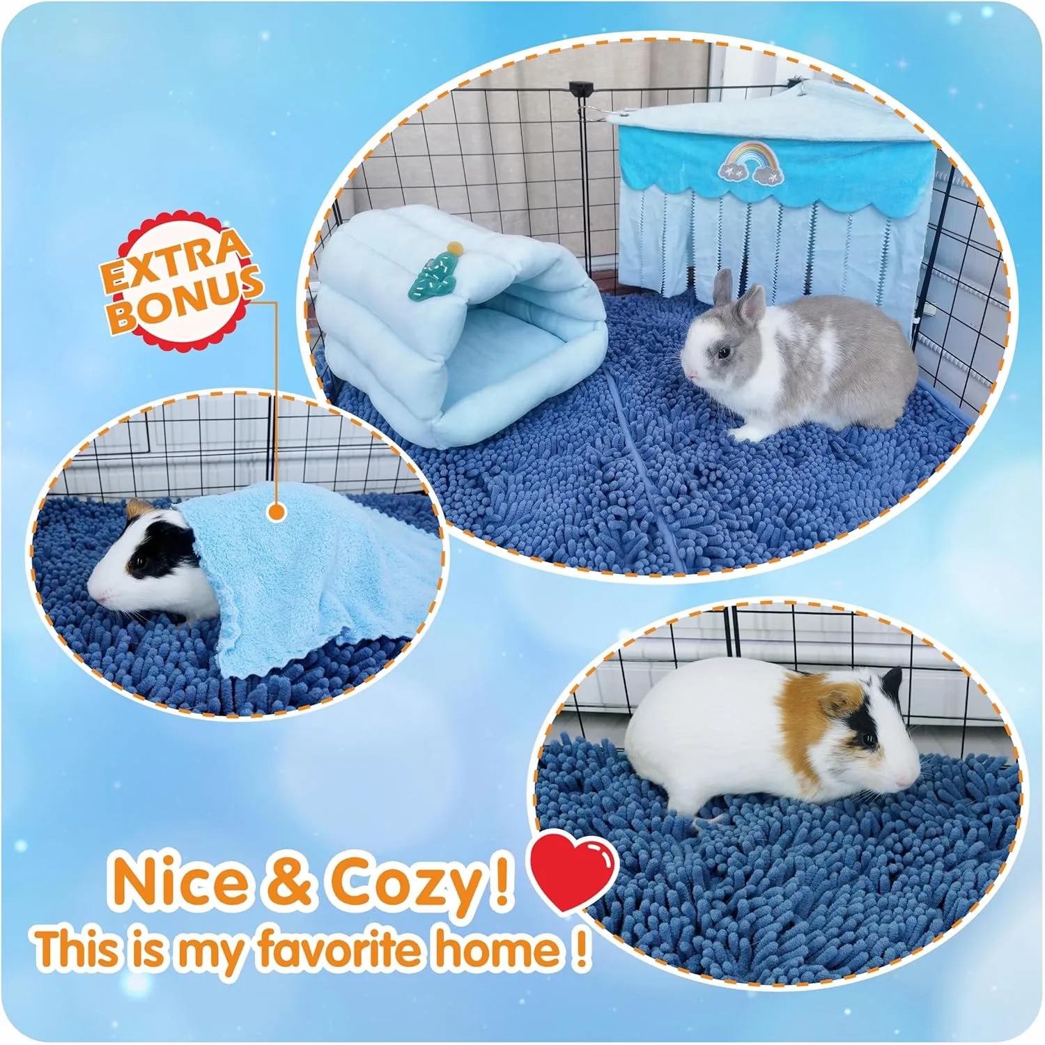 Guinea Pig Cage Liner Bedding 47x24, Washable Guinea Pig Bed Mat, Extra Absorbent Rabbit Pee Pad Reusable, Non-Slip Fleece Blanket for Bunny and Small Animal Cage Accessories (Blue, 47"x24")