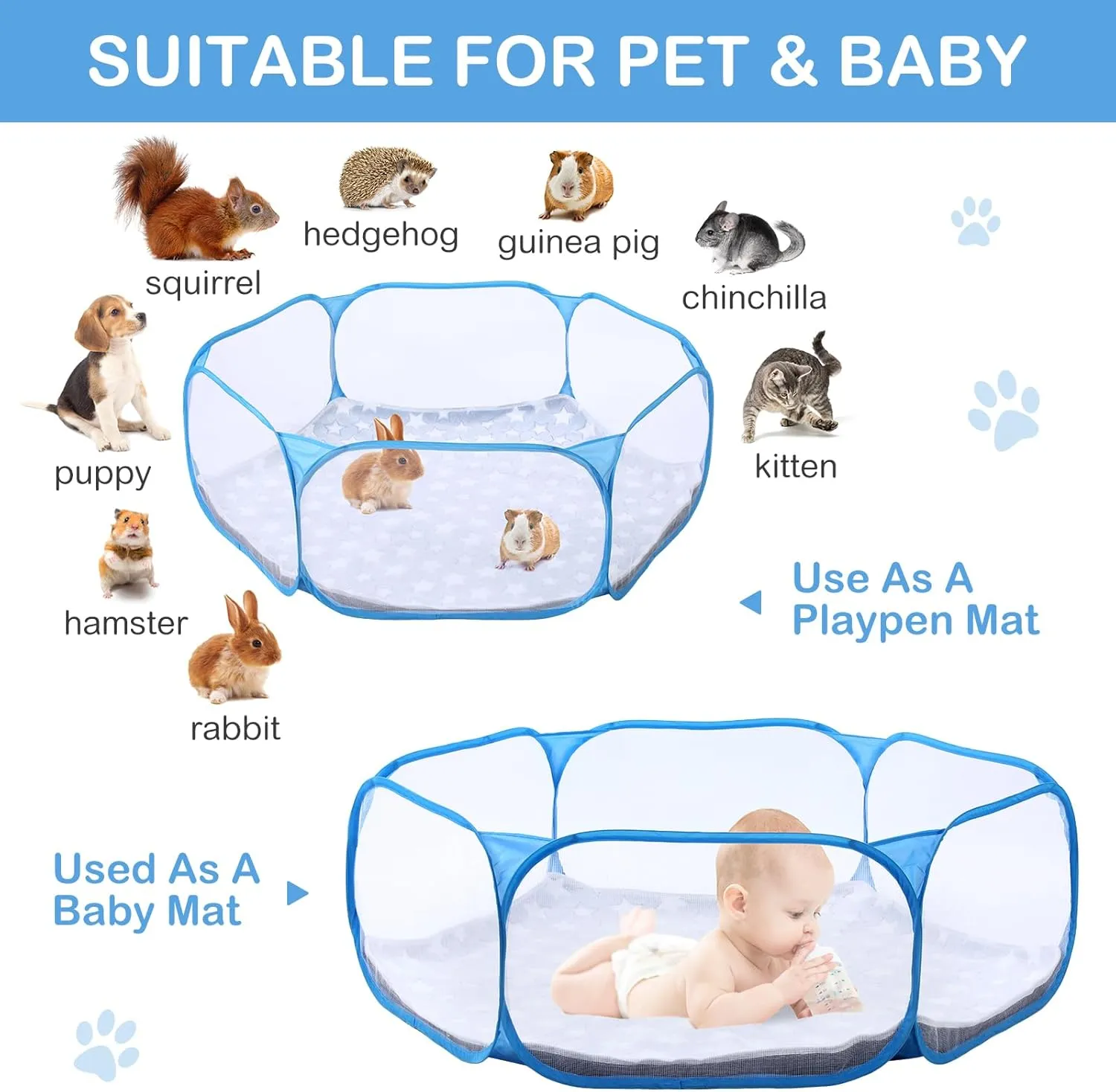 Hamster Playpen with Mat Small Animal Cage Tent Breathable Transparent Guinea Pig Playpen Waterproof Portable Yard Fence Mat Foldable Exercise Playpen Outdoor Indoor (Blue,Star)