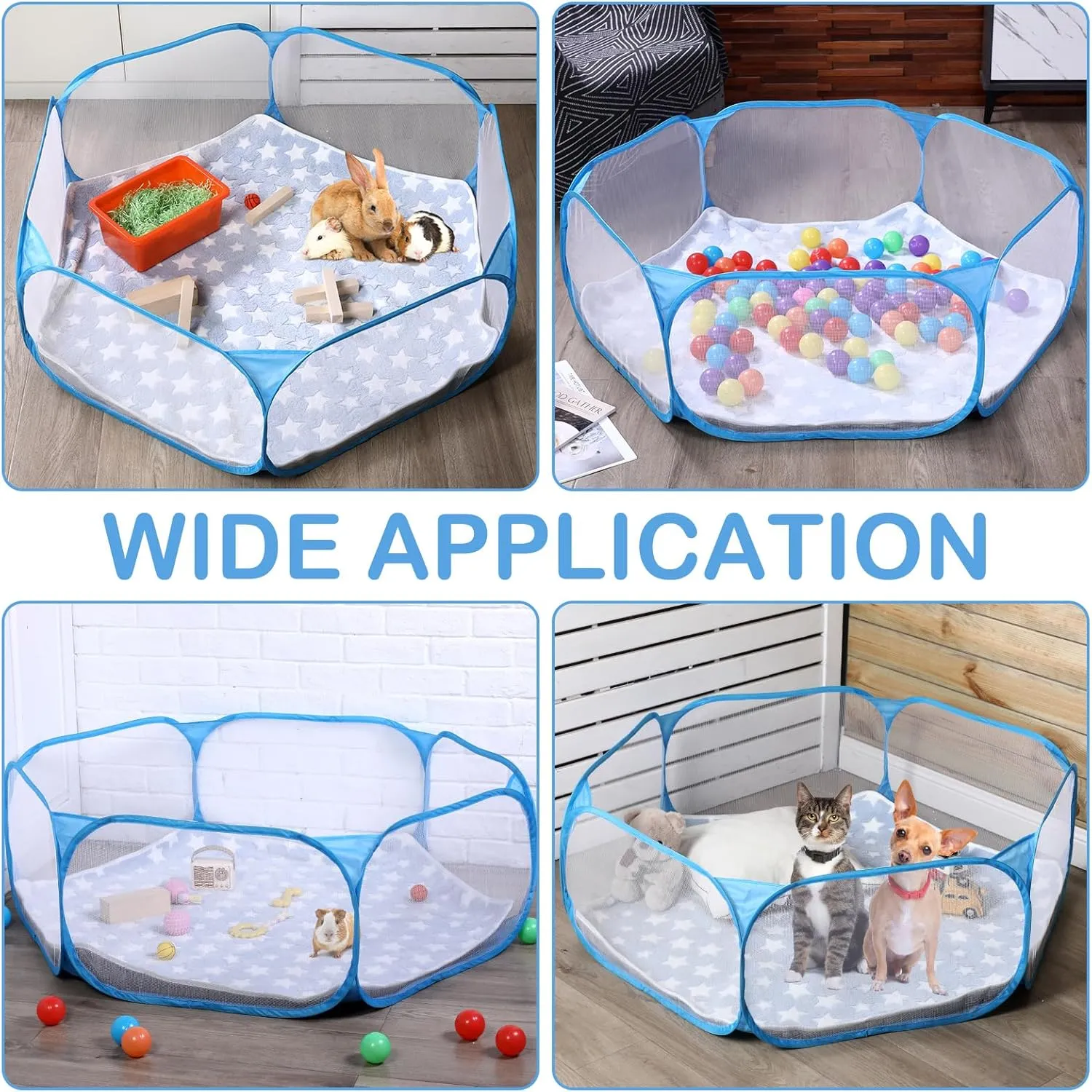 Hamster Playpen with Mat Small Animal Cage Tent Breathable Transparent Guinea Pig Playpen Waterproof Portable Yard Fence Mat Foldable Exercise Playpen Outdoor Indoor (Blue,Star)