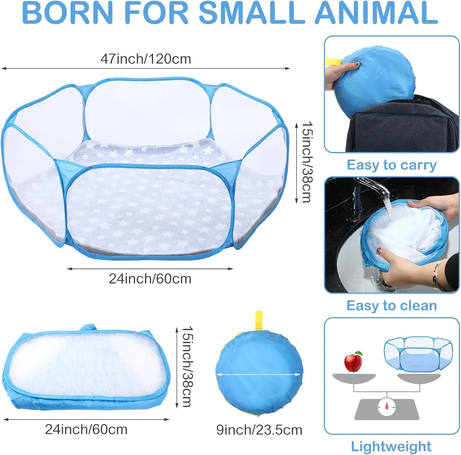 Hamster Playpen with Mat Small Animal Cage Tent Breathable Transparent Guinea Pig Playpen Waterproof Portable Yard Fence Mat Foldable Exercise Playpen Outdoor Indoor (Blue,Star)