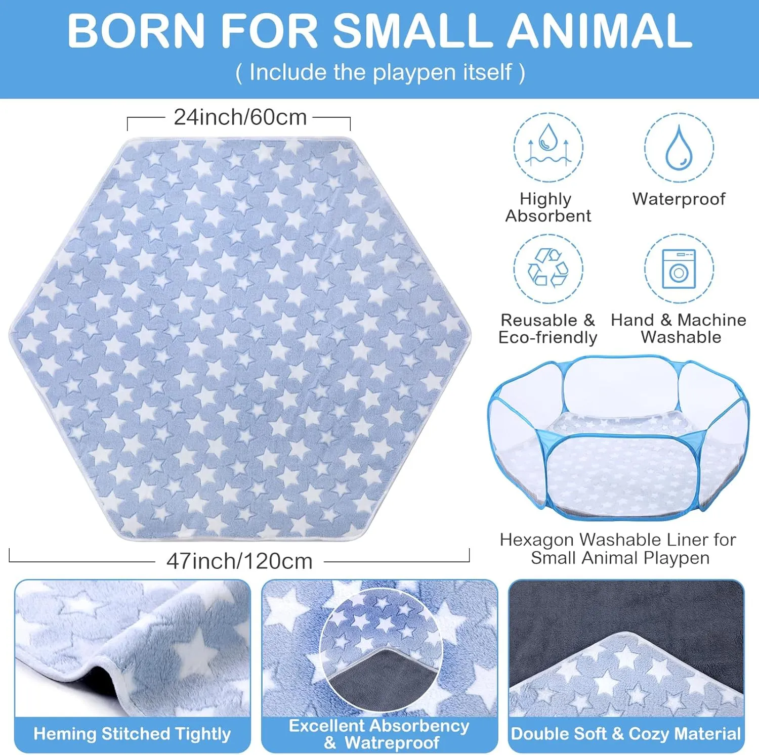 Hamster Playpen with Mat Small Animal Cage Tent Breathable Transparent Guinea Pig Playpen Waterproof Portable Yard Fence Mat Foldable Exercise Playpen Outdoor Indoor (Blue,Star)