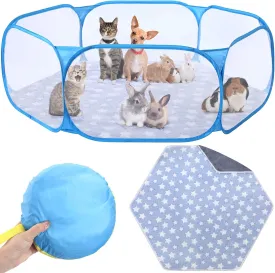 Hamster Playpen with Mat Small Animal Cage Tent Breathable Transparent Guinea Pig Playpen Waterproof Portable Yard Fence Mat Foldable Exercise Playpen Outdoor Indoor (Blue,Star)