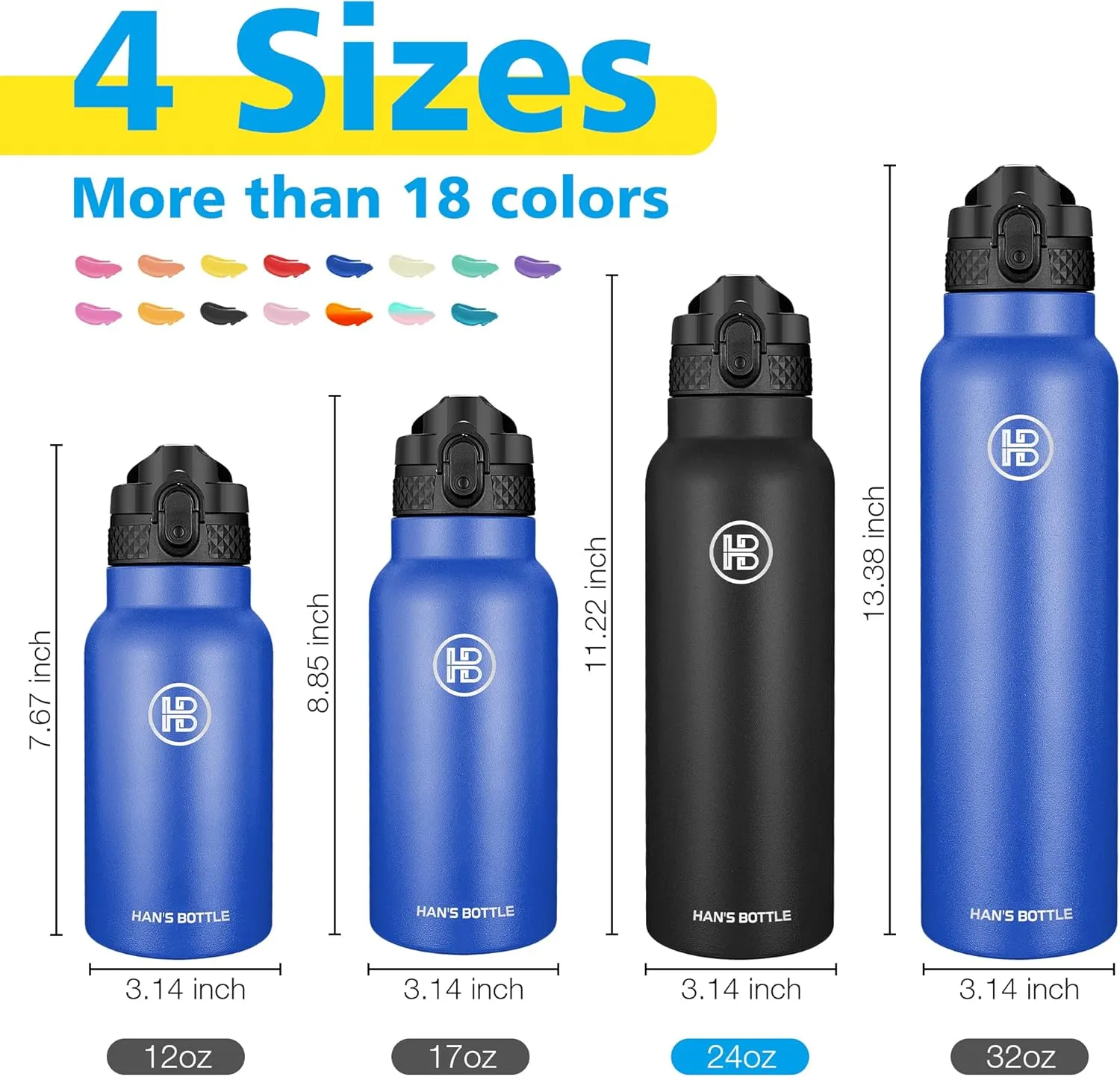 Han's Bottle Sports Water Bottle - 24 Oz, Straw Lid, Leak Proof, Vacuum Insulated Stainless Steel, Double Walled, Thermo Mug,Black