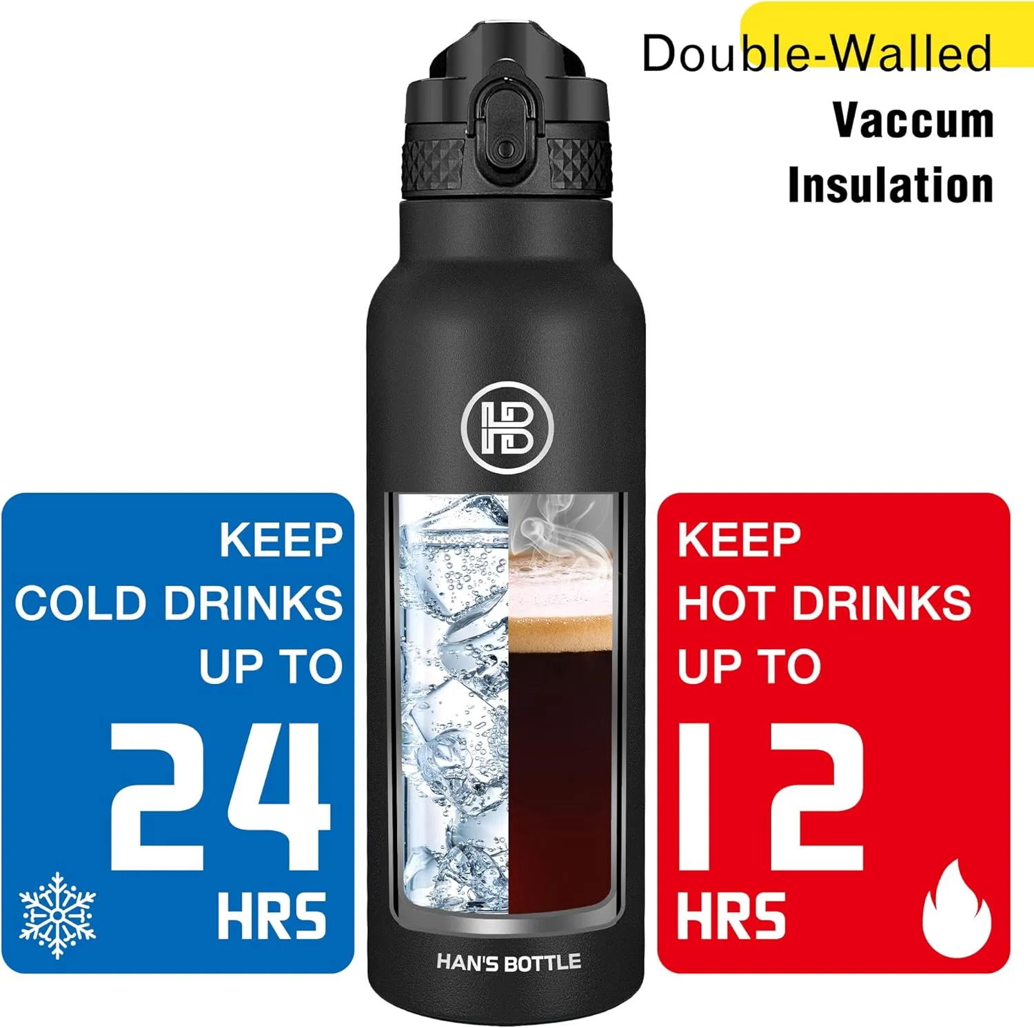 Han's Bottle Sports Water Bottle - 24 Oz, Straw Lid, Leak Proof, Vacuum Insulated Stainless Steel, Double Walled, Thermo Mug,Black