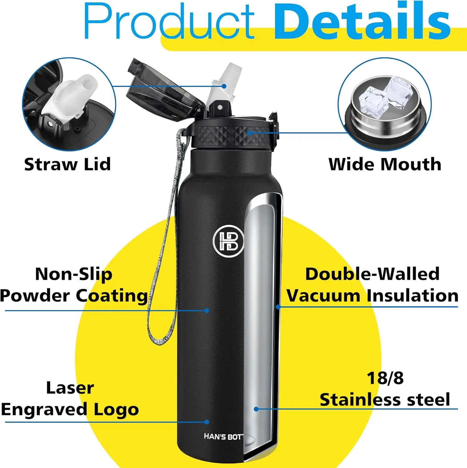 Han's Bottle Sports Water Bottle - 24 Oz, Straw Lid, Leak Proof, Vacuum Insulated Stainless Steel, Double Walled, Thermo Mug,Black