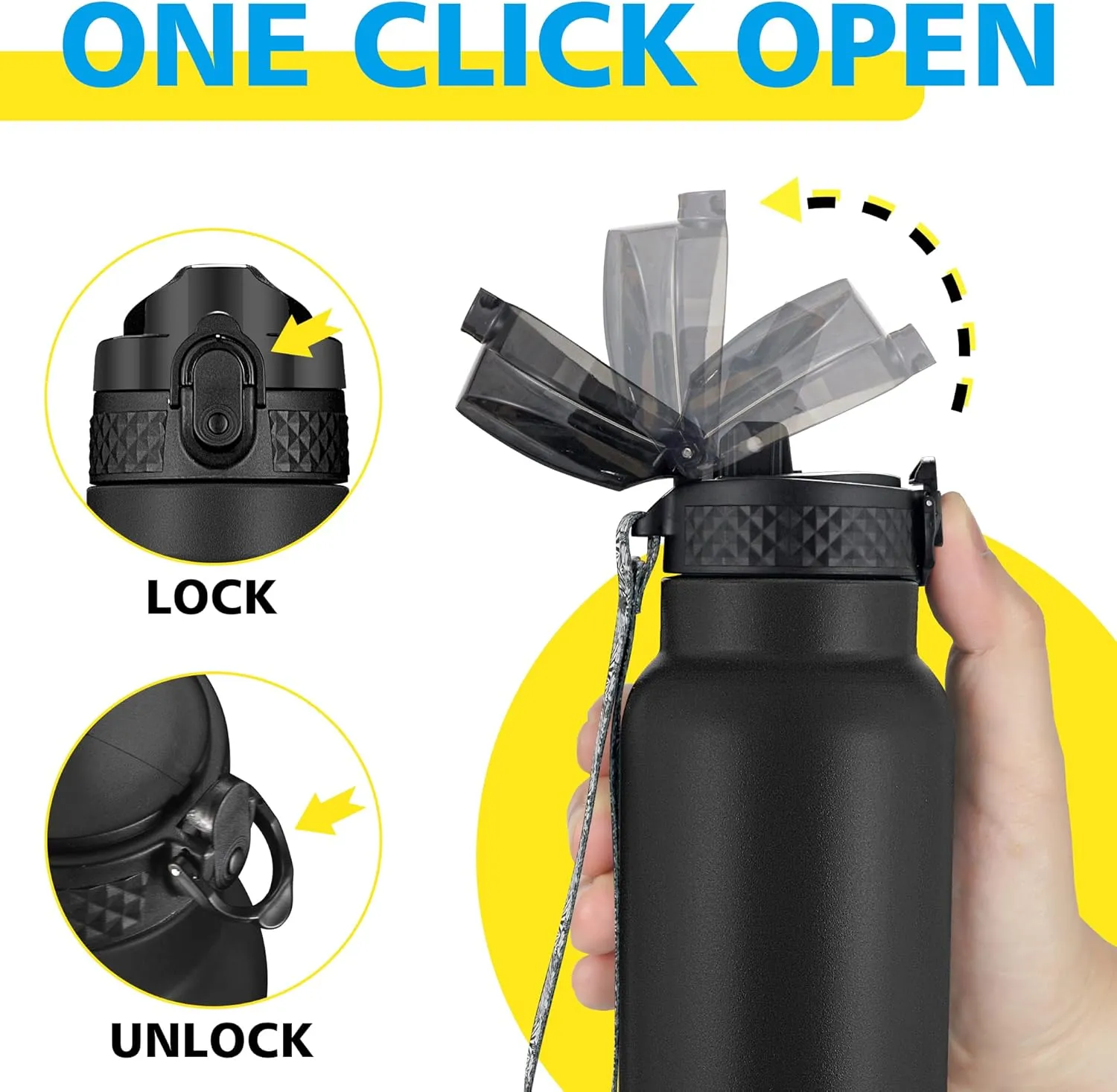 Han's Bottle Sports Water Bottle - 24 Oz, Straw Lid, Leak Proof, Vacuum Insulated Stainless Steel, Double Walled, Thermo Mug,Black