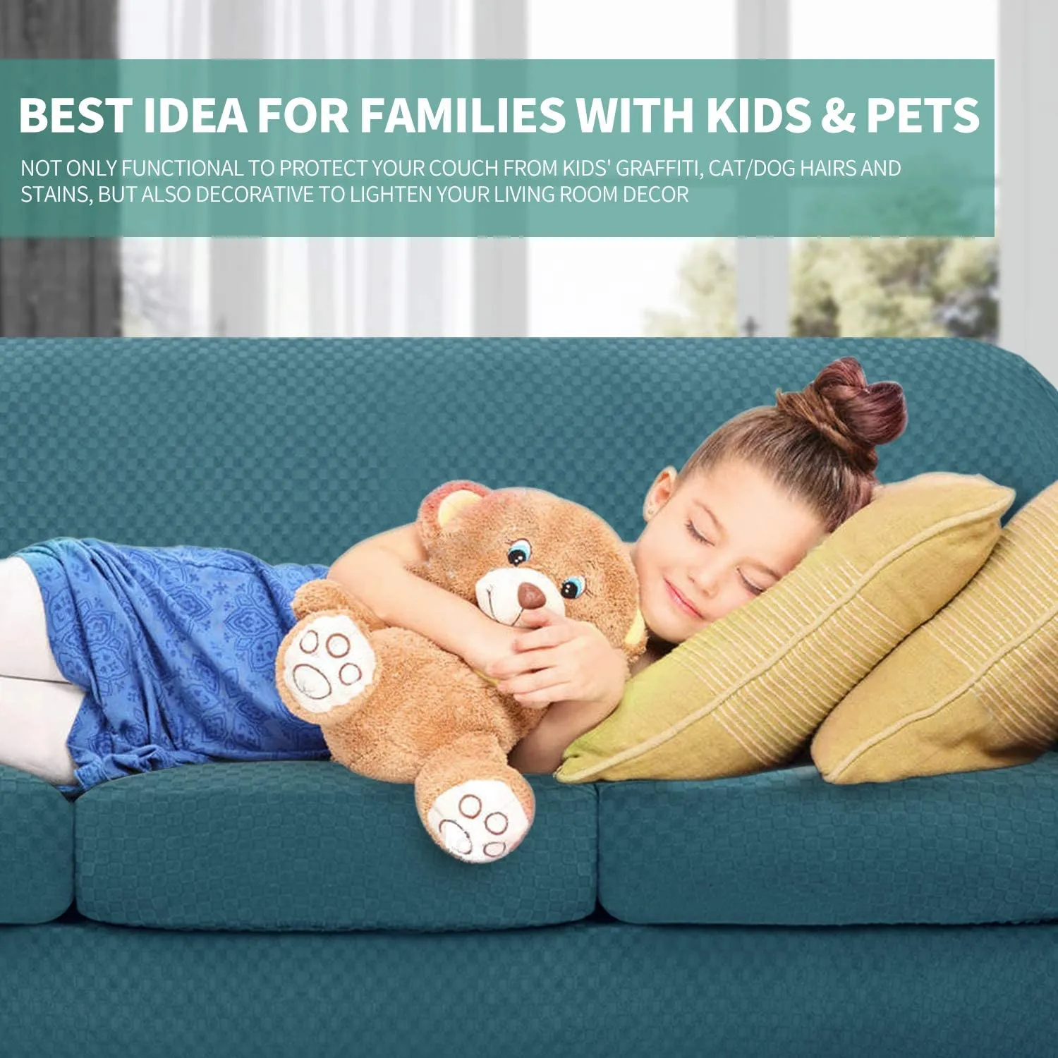 New YEMYHOM Checkered 2 Piece Couch Cover, High Stretch Thickened Sofa Cover for Dogs Pets Anti Slip Elastic Protector (XL Sofa, Teal) Retails $110 