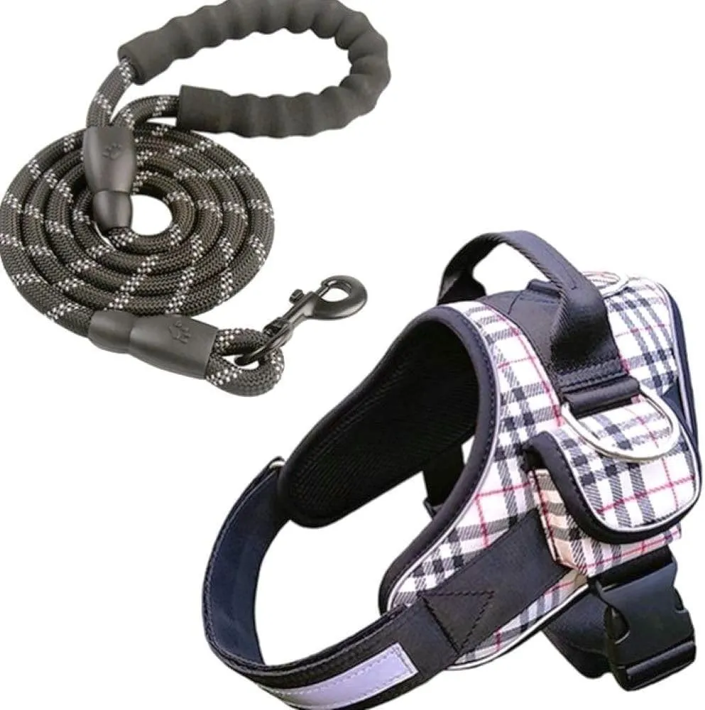 No Pull Dog Harness, pet, Adjustable and Black Leash Set | Soft Handle and Reflective Stripe | Small-Medium-Large and XLarge Dogs | Harness with Pocket, Easy Walk, NO Escape. (White, L)