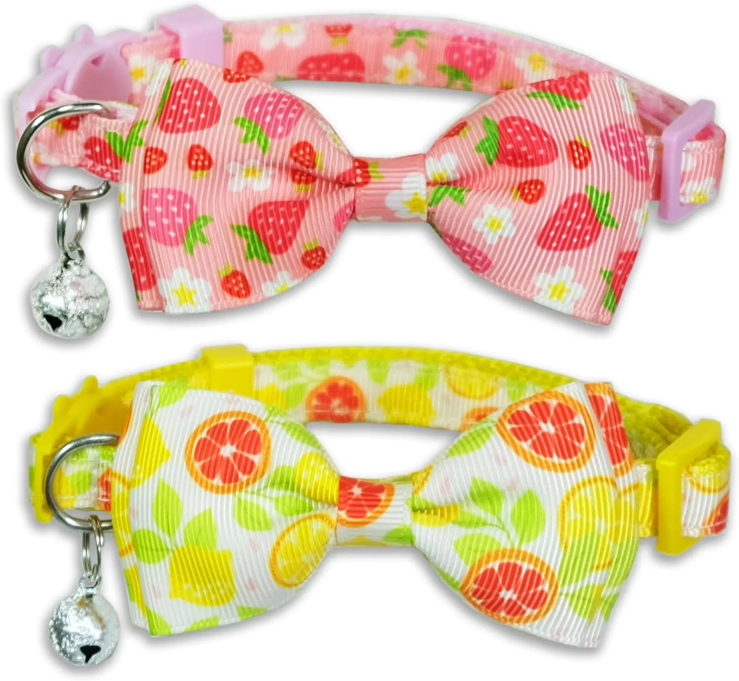 Pack of 2 Adjustable Cat Collars with Lemon and Strawberry Patterns, Safe Breakaway Design for Cats and Kittens