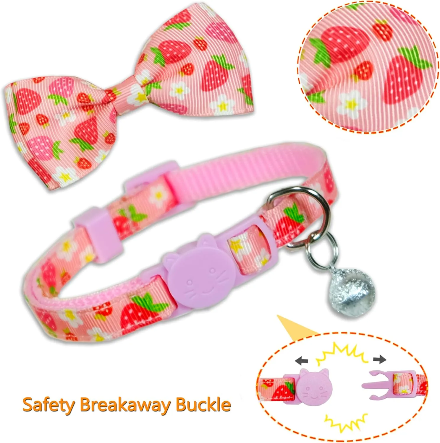Pack of 2 Adjustable Cat Collars with Lemon and Strawberry Patterns, Safe Breakaway Design for Cats and Kittens