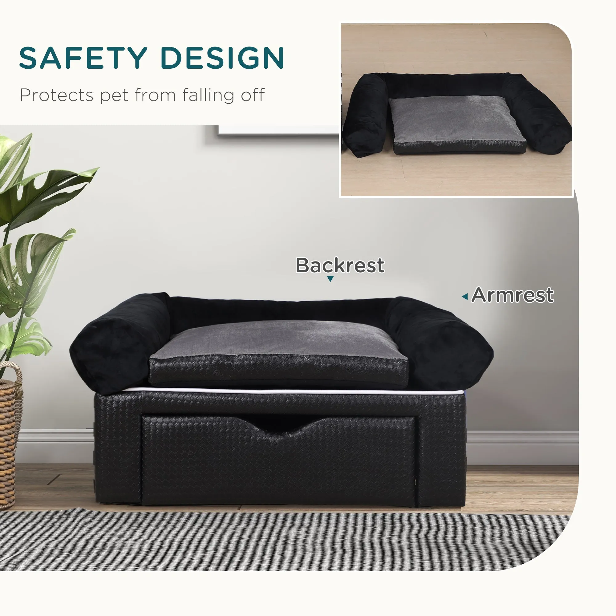 PawHut Dog Sofa Bed with Storage, Drawer, Soft Cushion, for Small Dogs - Black