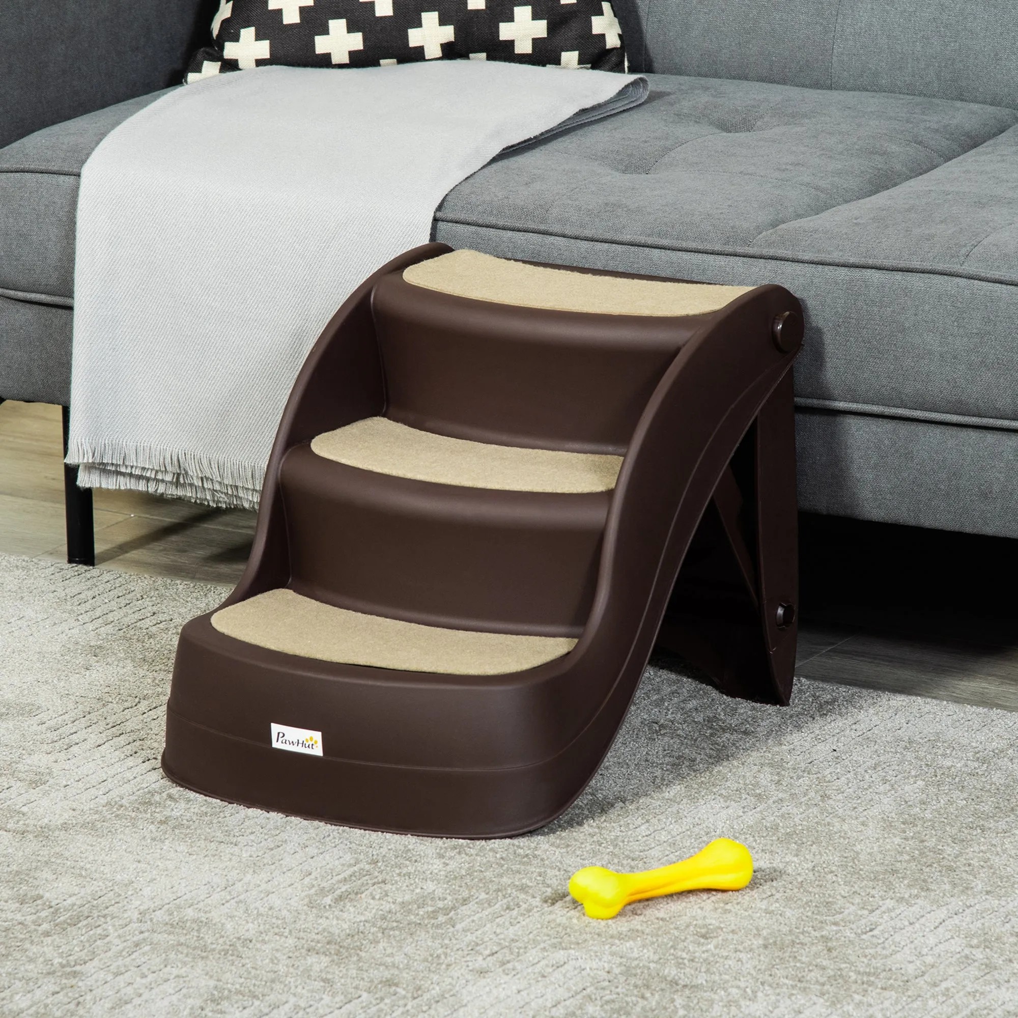 PawHut Foldable Pet Stairs 3 Steps with Non-slip Mats for Small Dogs, Brown