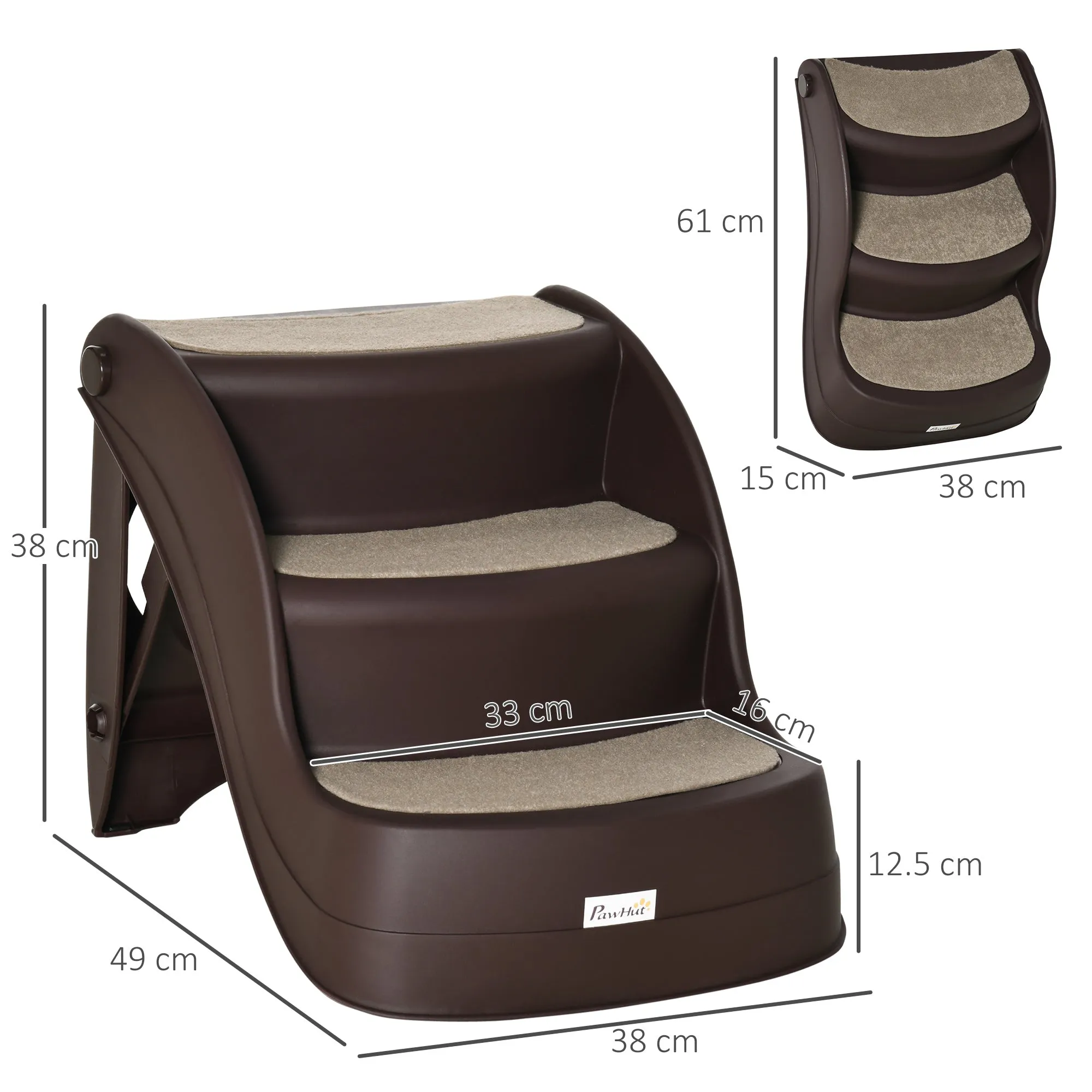 PawHut Foldable Pet Stairs 3 Steps with Non-slip Mats for Small Dogs, Brown