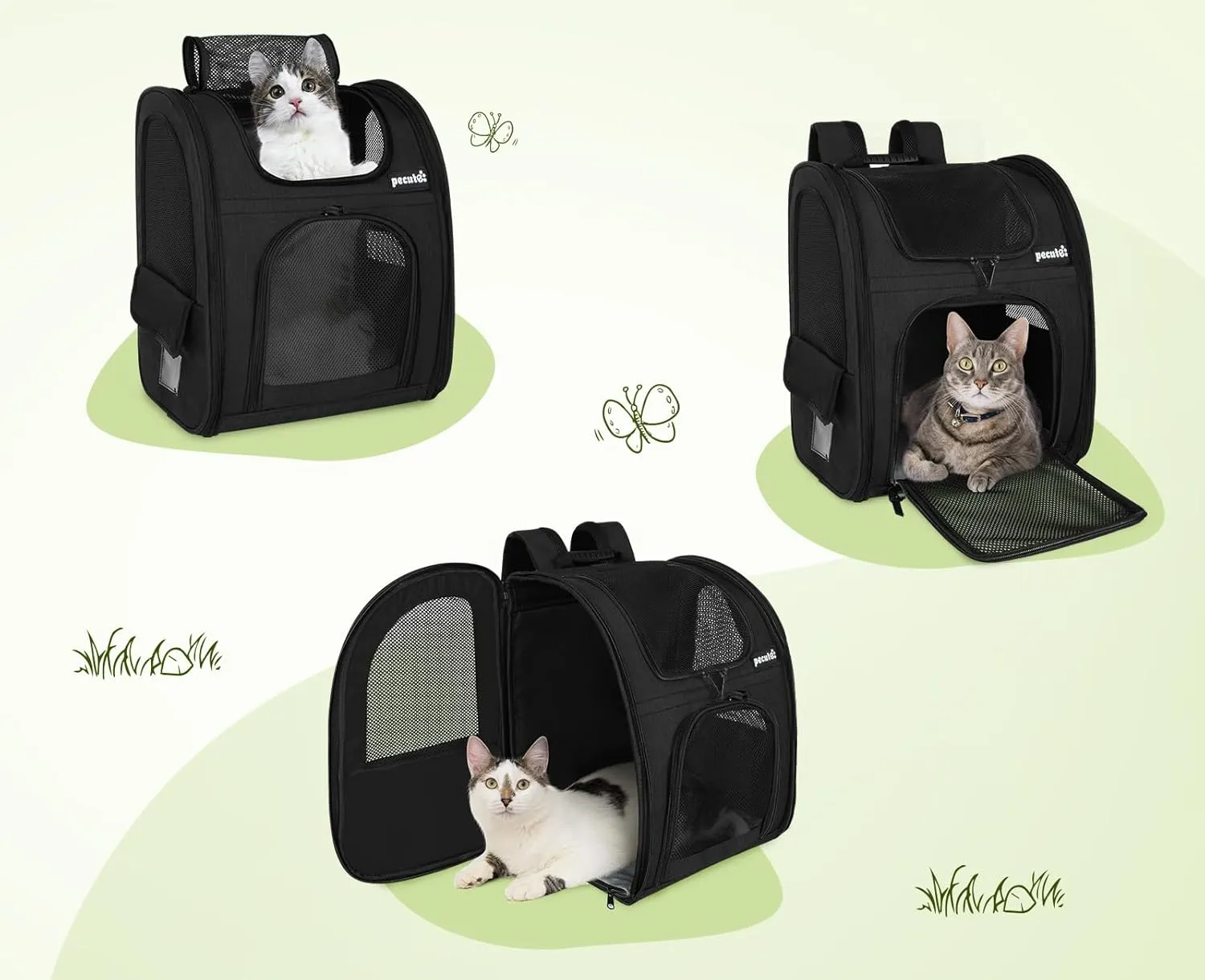 Pecute Cat Backpack with Breathable Mesh, Dog Backpack Carrier with Multi-Pockets, Cat Carrier Backpack Comfortable, Cat Backpack Carrier for Travel Hiking and Camping Black