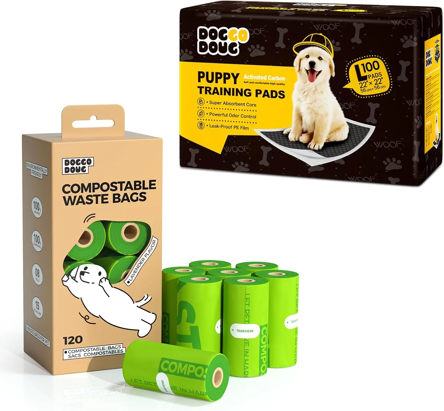 Pet Cleaning Power Pair: 100 22x22 Activated Carbon Pads   120 Lavender-Scented Thickened Bags, Multi-Pet Friendly