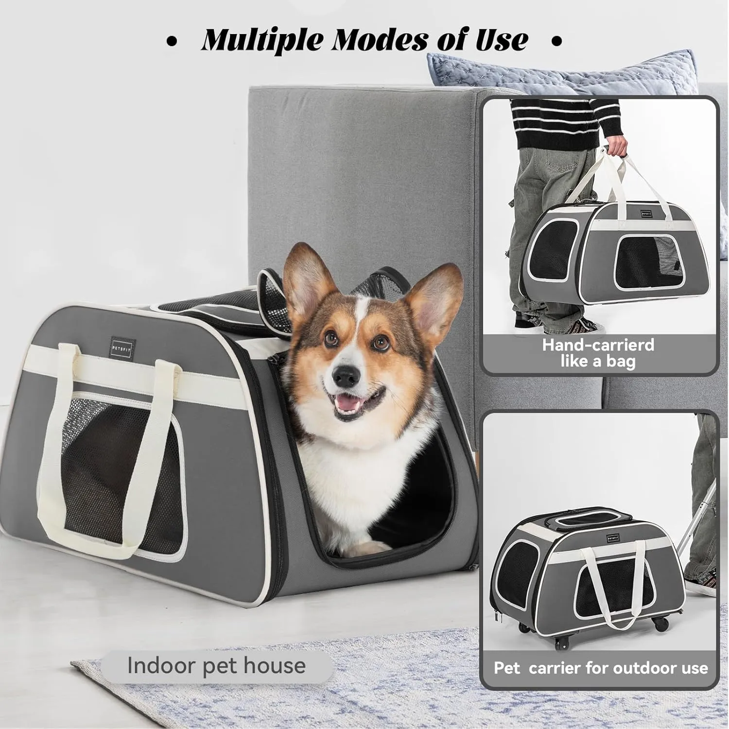 Petsfit Large Pet Carrier with Wheels Designed for 2 Small Dogs/Multiple Kittens/Medium Dogs with Adjustable Safety Rope & Waterproof Bottom(  )
