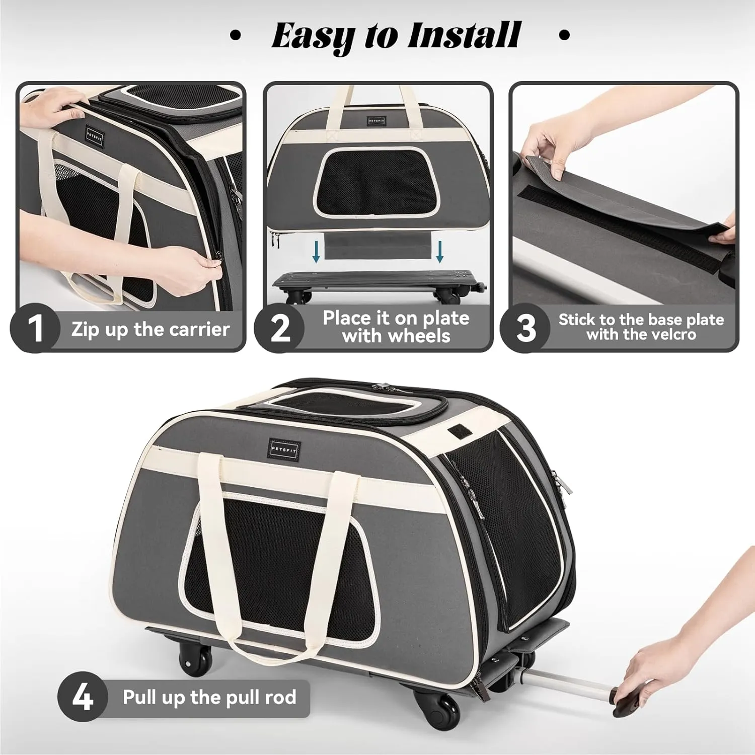 Petsfit Large Pet Carrier with Wheels Designed for 2 Small Dogs/Multiple Kittens/Medium Dogs with Adjustable Safety Rope & Waterproof Bottom(  )