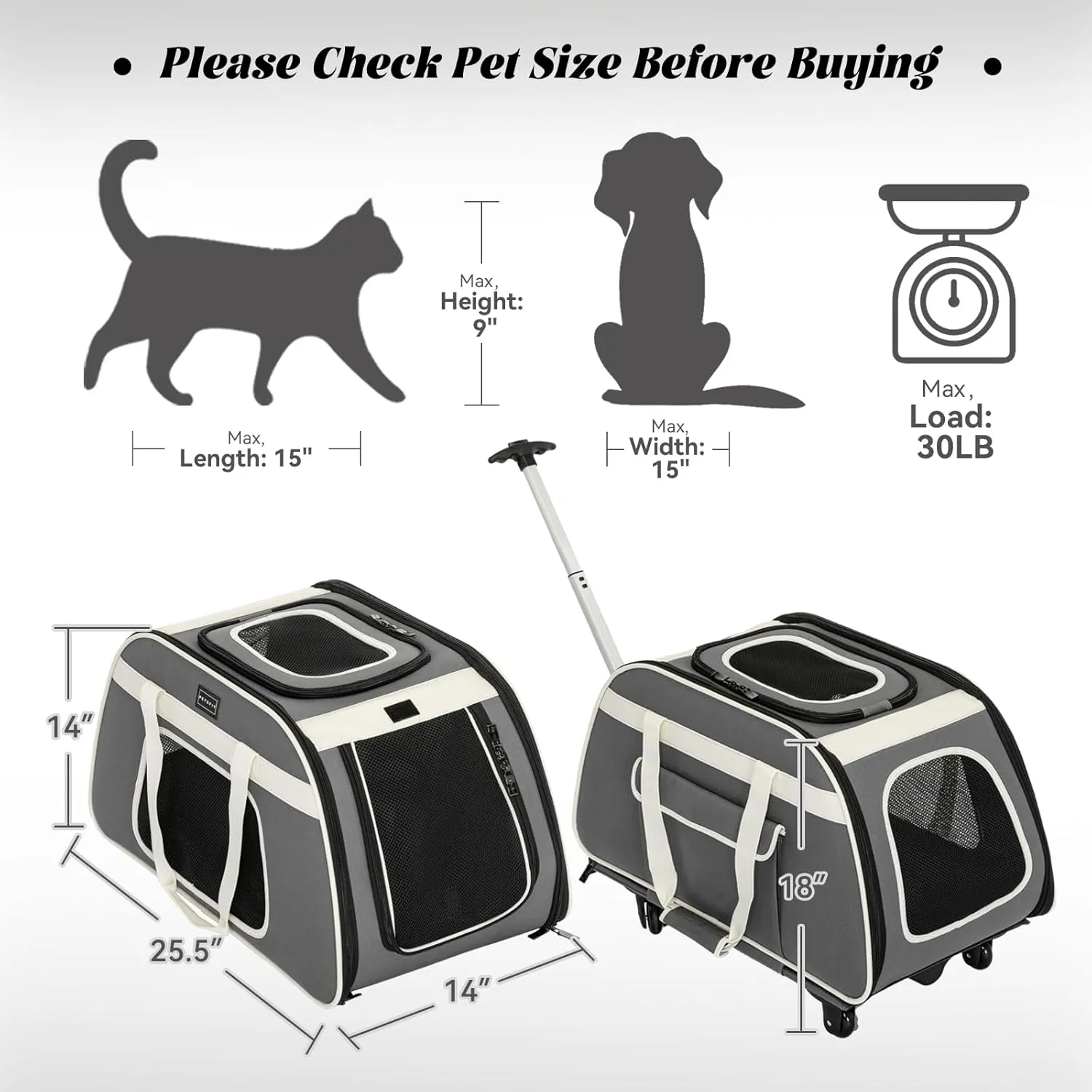 Petsfit Large Pet Carrier with Wheels Designed for 2 Small Dogs/Multiple Kittens/Medium Dogs with Adjustable Safety Rope & Waterproof Bottom(  )
