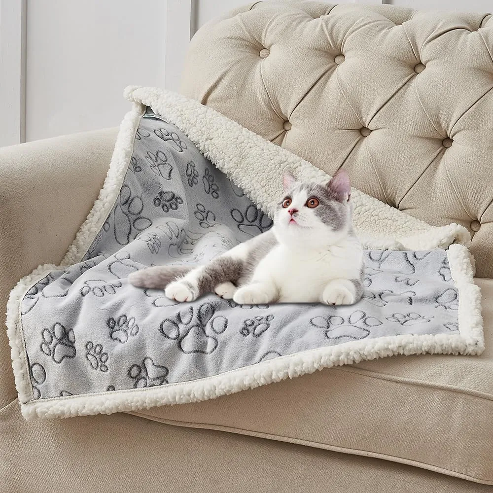 Qeils Dog & Cat Blankets - Waterproof Washable - Sherpa, Plus Plush Reversible, 25"X30", Grey Paw Print