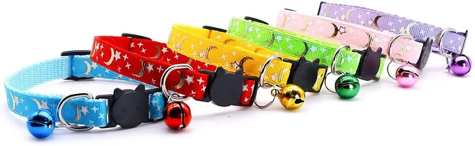Reflective Cat Collars Breakaway with Bell 2-Pack Girl Boy Pet Kitten Collar with Star Moon Patetrn Adjustable 7.5-12.5 Inch (Yellow)