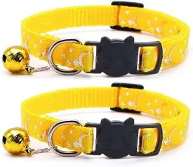 Reflective Cat Collars Breakaway with Bell 2-Pack Girl Boy Pet Kitten Collar with Star Moon Patetrn Adjustable 7.5-12.5 Inch (Yellow)