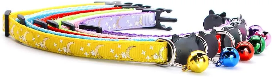 Reflective Cat Collars Breakaway with Bell 2-Pack Girl Boy Pet Kitten Collar with Star Moon Patetrn Adjustable 7.5-12.5 Inch (Yellow)