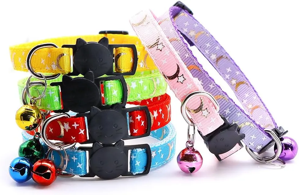 Reflective Cat Collars Breakaway with Bell 2-Pack Girl Boy Pet Kitten Collar with Star Moon Patetrn Adjustable 7.5-12.5 Inch (Yellow)