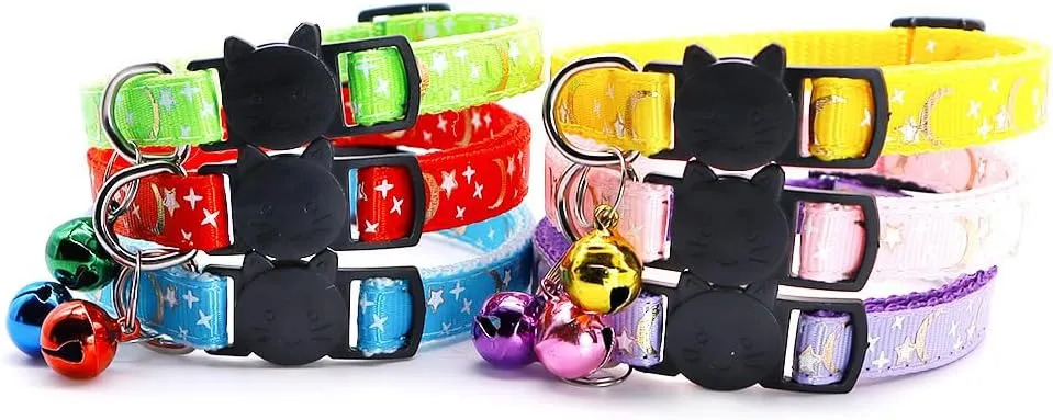 Reflective Cat Collars Breakaway with Bell 2-Pack Girl Boy Pet Kitten Collar with Star Moon Patetrn Adjustable 7.5-12.5 Inch (Yellow)