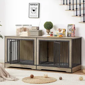 Rovibek 75'' Double Dog Crate Furniture for 2 Large Dogs, Heavy Duty Furniture Style Dog Crates End Table, Wood Crates for Dogs Kennel Indoor with Double Door, Grey