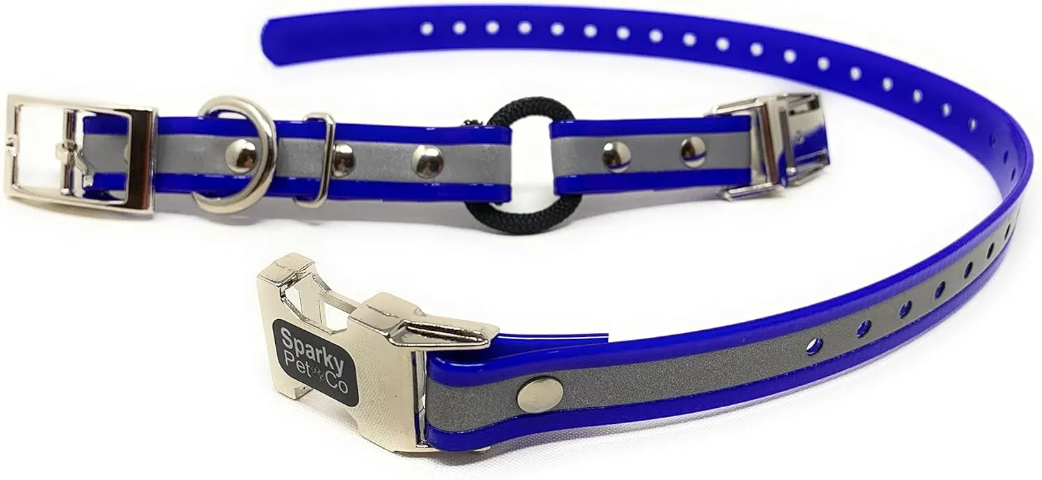 Sparky Pet Co -Zeus ECollar Replacement Strap - Bungee Loop Dog Collar - Waterproof Biothane - Adjustable - Double Buckle - Quick Snap Metal Clasp - Invisible Fence Systems - 1"x 30" Blue Refl