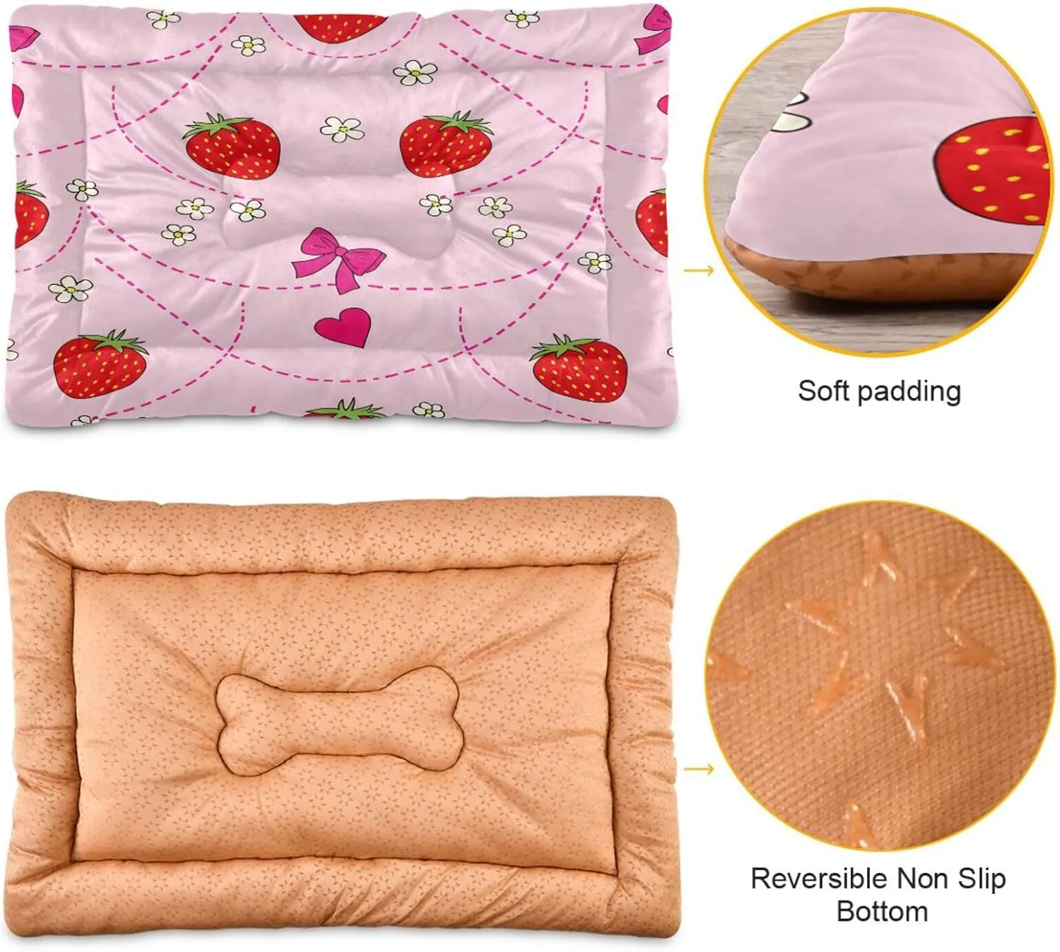 Strawberries with Flowers (2) Outdoor Dog Bed for Small Dogs Washable Waterproof Travel Pet Bed Mat Portable Cat Bed with Non-Slip Bottom for Indoor and Sleeping 36 x 24 Inch